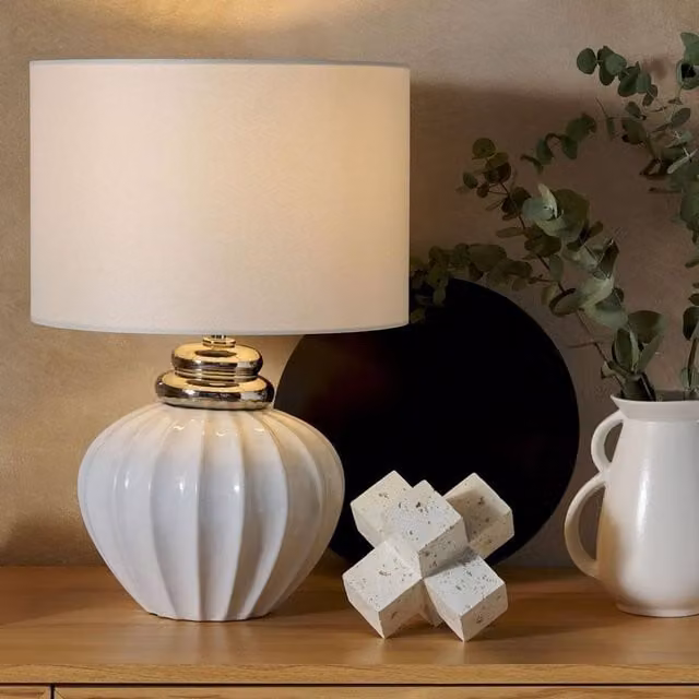 Wyld and Coco Classic Bedside Lamp with White Ceramic Base and White Fabric Cylinder Shade
