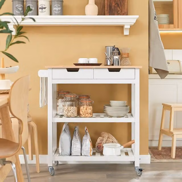 SoBuy Modern Kitchen Trolley with Rubberwood Top in White – 1