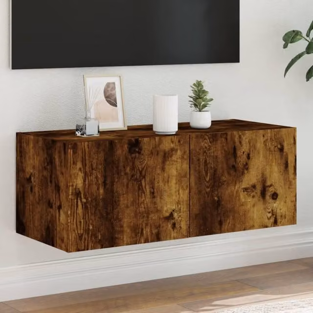Berkfield Home Modern Wall Mounted TV Cabinet with Integrated LED Lights in Smoked Oak Brown, W/D/H: 80 x 35 x 31 cm – 1