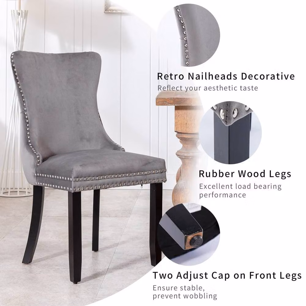 Modern Home Touch Sierra Lux Set of 4 Grey Velvet Tufted Wing Back Dining Chairs with Oak Wood Frames – 5