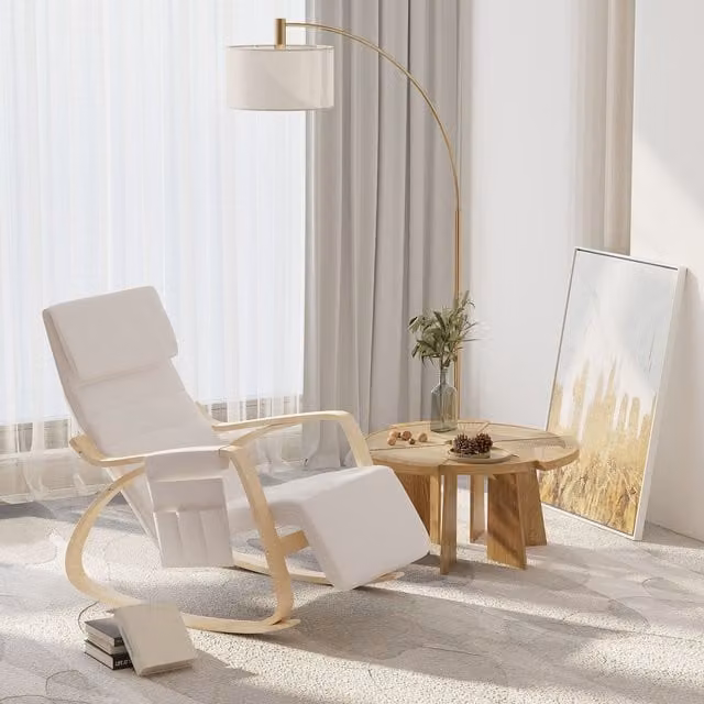 HOMCOM Rocking Recliner Armchair with Adjustable Footrest, Headrest and Side Pocket in Cream White