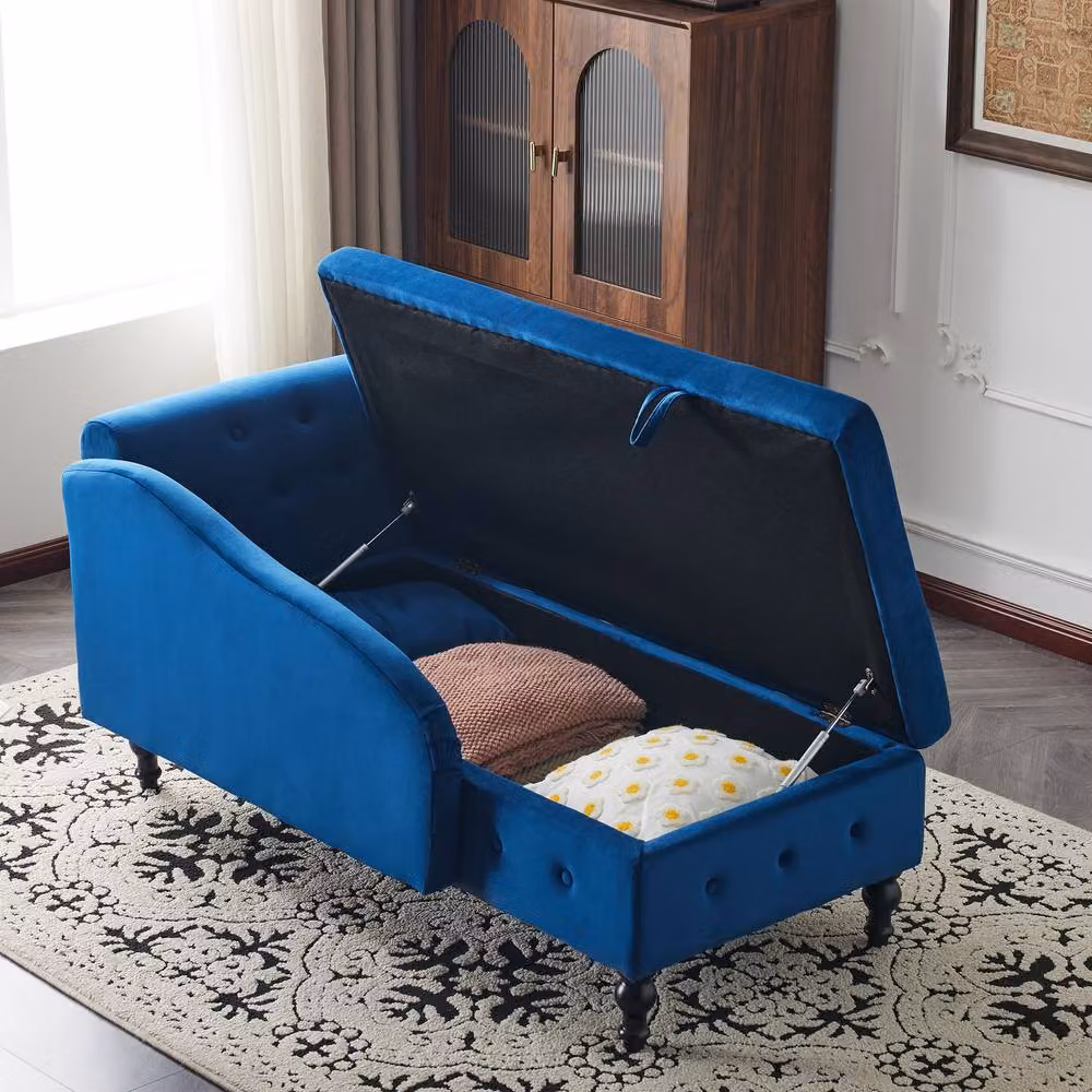 Merax Blue Velvet Right Arm Chaise Longue Sofa with Storage and Pillow – 7