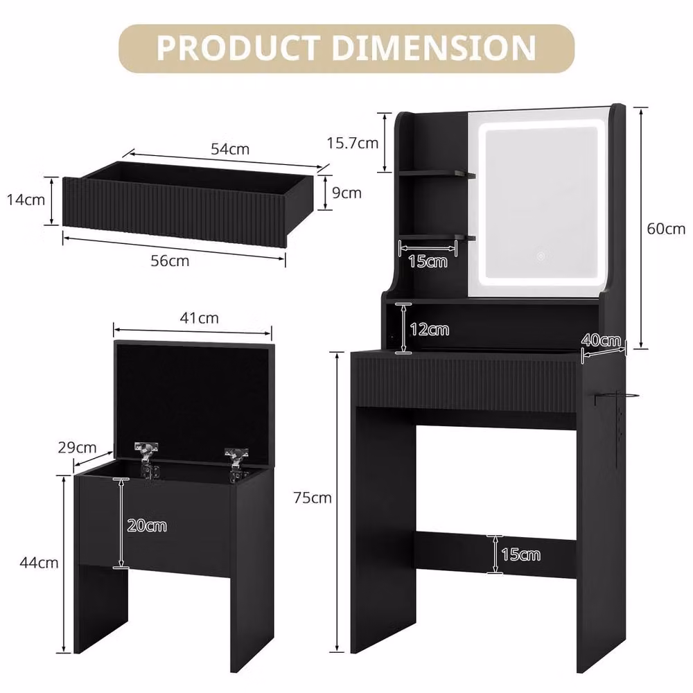 EONLION Black Modern Vanity Dressing Table with Hollywood LED Light Mirror and Cushioned Storage – 2