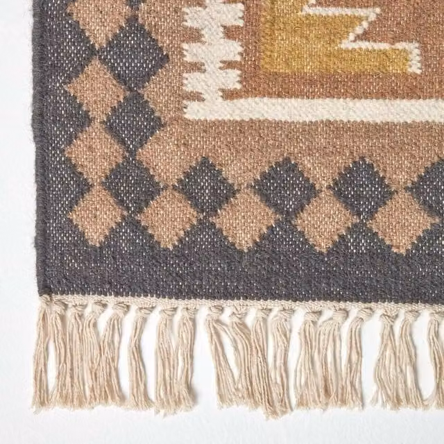 Homescapes Jaipur Handwoven Boho Kilim Wool and Cotton Rug in Orange, Brown, Yellow and Red
