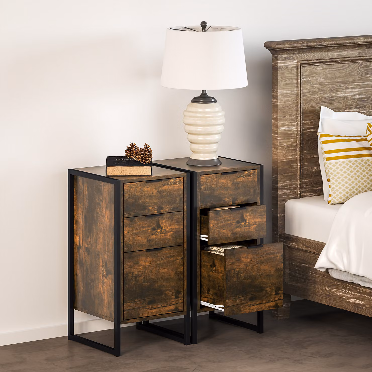 HOMCOM Set of 2 Industrial 3-Drawer Chest of Drawers in Rustic Brown with Metal Frame – 2