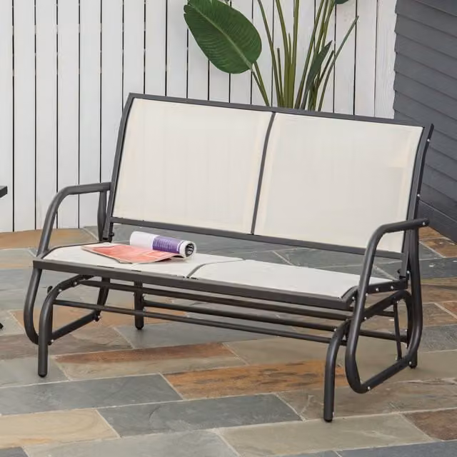 Outsunny 2 Person Modern Patio Glider Bench Swing Chair with Armrests in Beige
