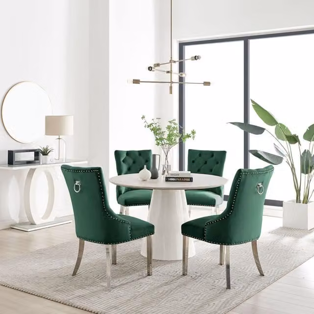FurnitureboxUK Palma Beige Stone Effect Round Dining Table and 4 Belgravia Chairs in Green