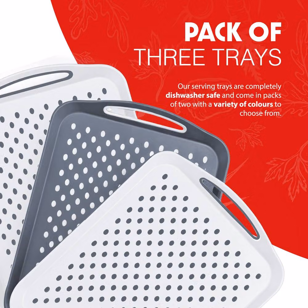 Essen 3-Pack Non-Slip Rectangular Serving Tray Set with Handles in Grey and White – 4