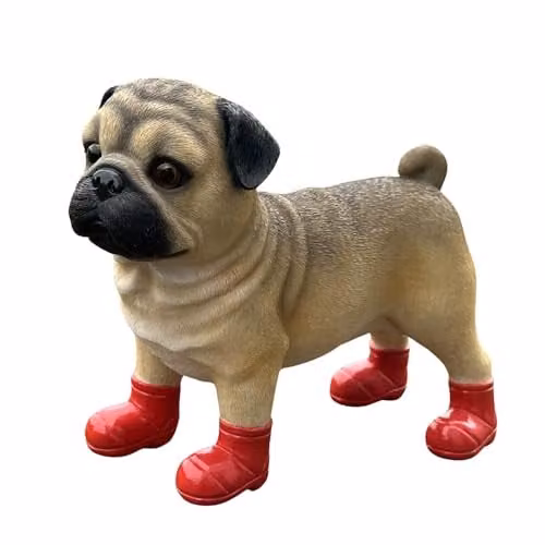 Animal Crackers Pug Dog Figurine in Red Wellington Boots, Brown Plastic Tabletop Decoration