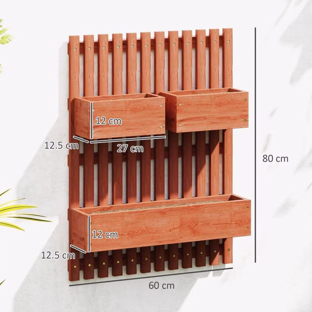 VOGREX Brown Wooden Raised Garden Bed with Trellis Wall-mounted Planter W/D/H: 80 x 60 x 16 cm – 2