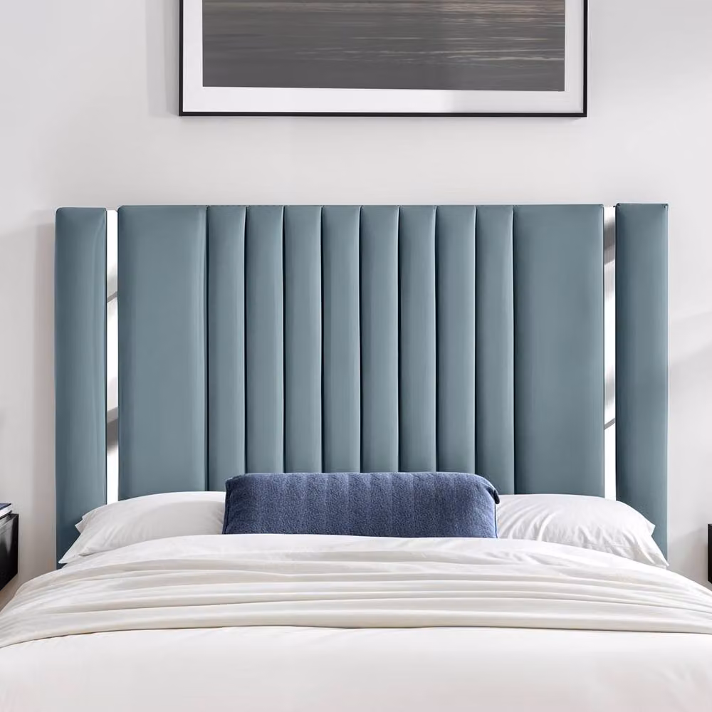UK Bed Furniture Valencia Upholstered Slatted Base Bed with 48 Inch Panel Headboard in Light Blue, Size: Single (W/D/H: 90 x 190 cm) – 2