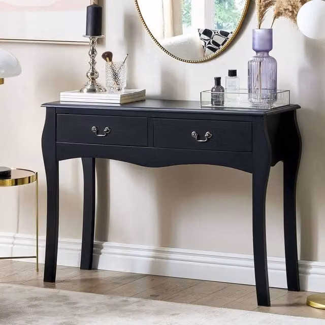 Wyld and Coco Black Vintage Console Table with Two Drawers, W: 100 cm, D: 35 cm, H: 75 cm – 1