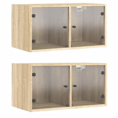 vidaXL Sonoma Oak Wall Cabinets with Glass Doors, Brown Modern Wall-Mounted Storage Units, W/D/H: 68.5 x 37 x 35 cm – 1
