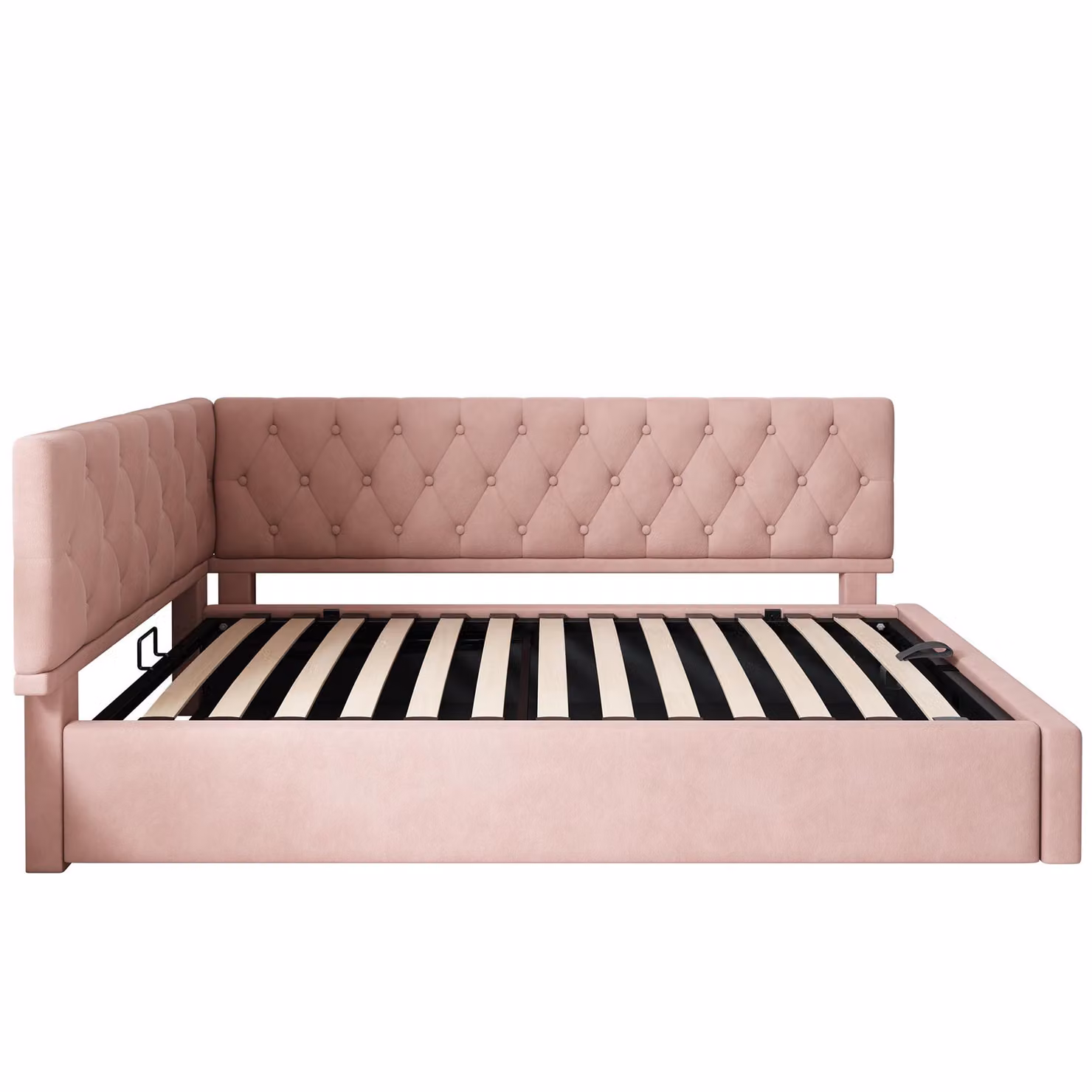 Aosom UK Pink Velvet L-Shaped Upholstered Daybed with Hydraulic Ottoman Storage and Single Sofa Bed, W/D/H: 100 x 196 x 77 cm – 2