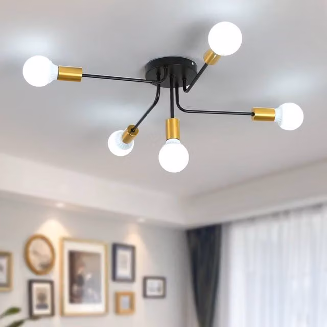 Goeco Industrial 5-Light Vintage Sputnik Ceiling Chandelier in Black and Gold/Brass with E27 Base