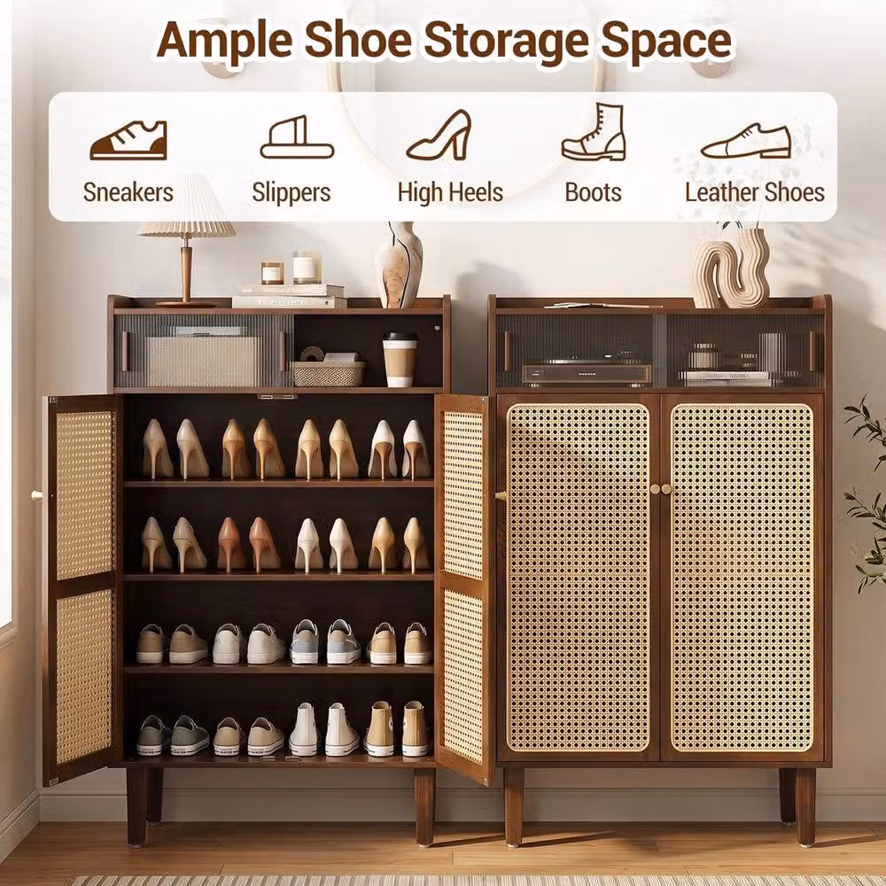 VOGREX 6-Tier Bamboo Shoe Cabinet with Sliding Rattan Doors in Brown – 3