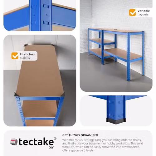 tectake Heavy-Duty 5-Tier Garage Shelving Unit with MDF Shelves, Blue, W/D/H: 180.5 x 90.5 x 40.5 cm – 4