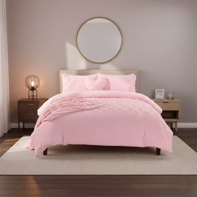 Snug City Super Soft Teddy Fleece Duvet Cover and Pillowcase Set with Heart Embossing, Pink, Super King, 200 x 200 cm
