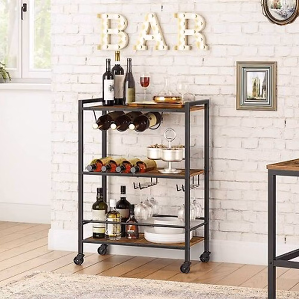 NESTLUNE 3 Tier Industrial Design Rolling Wooden Kitchen Bar in Black – 3