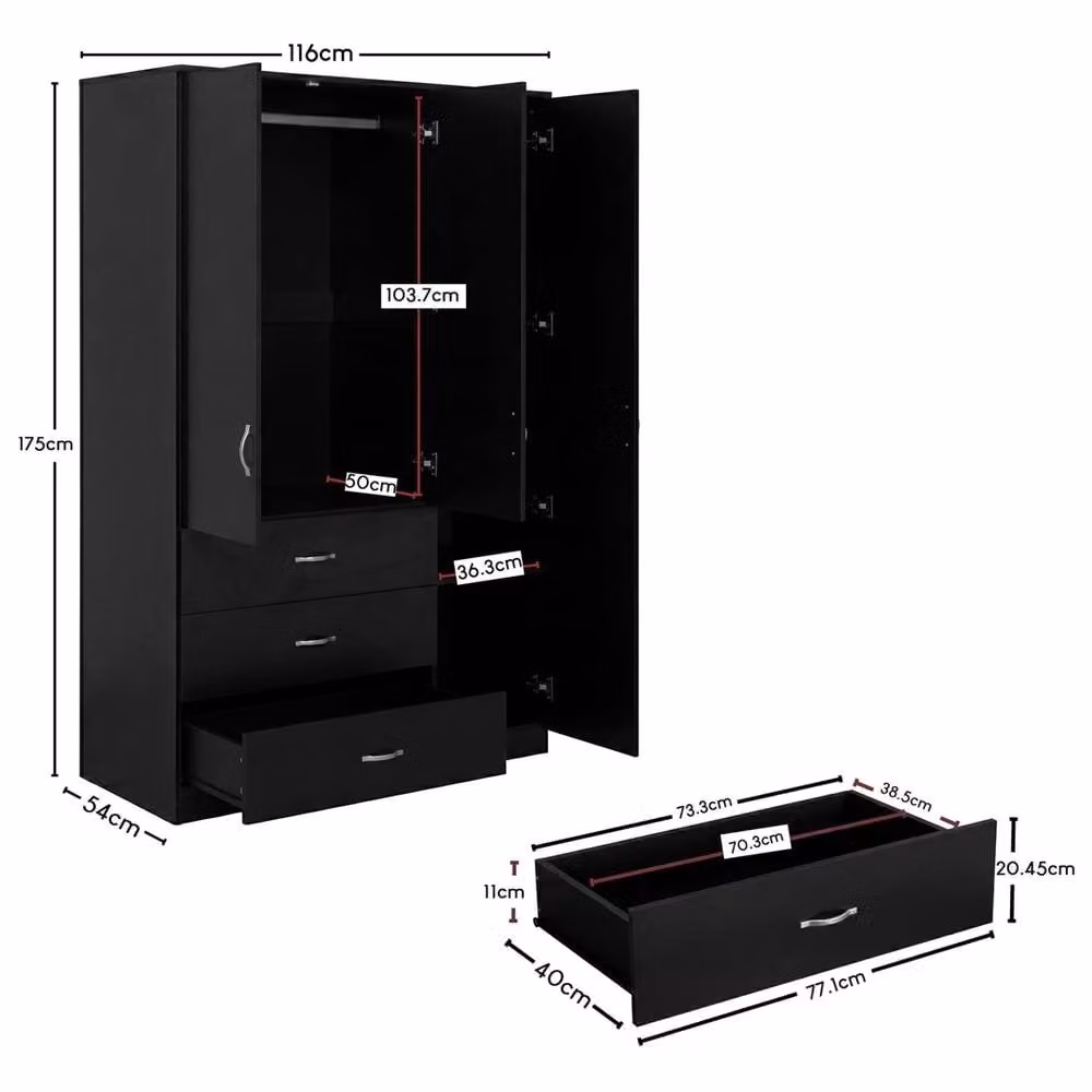 FORGEVIO Black Modern Wide Wardrobe with 3 Internal Drawers and Mirror on Door – 2