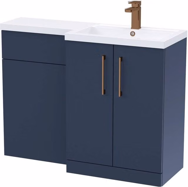 Balterley Blue Modern Right-Hand Vanity and WC Unit Combination with Brushed Bronze Details, W: 110 cm, H: 84 cm