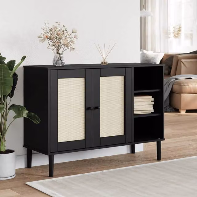 Berkfield Home SENJA Sideboard in Black Rattan Look Solid Pine Wood, W/D/H: 112 x 40 x 80 cm
