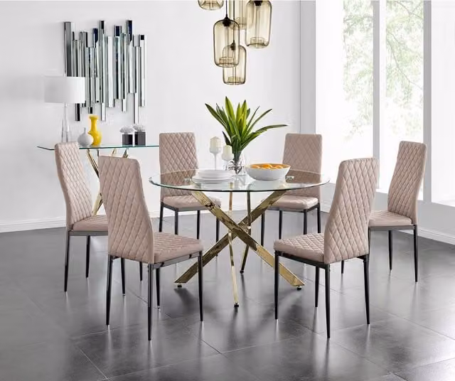 FurnitureboxUK Novara Gold Round Dining Table with Six Milan Black Leg Chairs in Cappuccino, Diameter: 120 cm