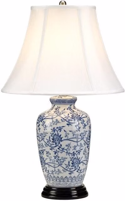 Loops Table Lamp with Blue and White Ceramic Shade and Wooden Base, E27 60W LED Compatible