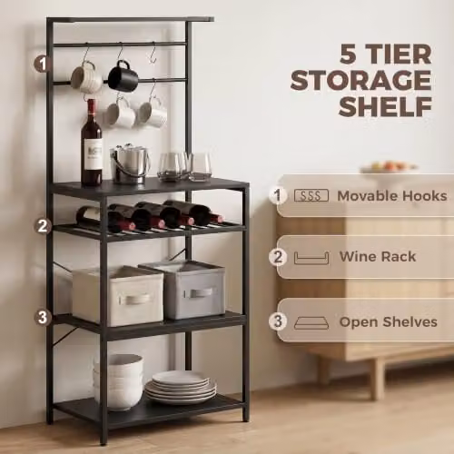 HOMCOM Freestanding Kitchen Baker's Rack with Wine Rack and Integrated Lighting, Black, W/D/H: 59 x 40 x 143.5 cm – 3