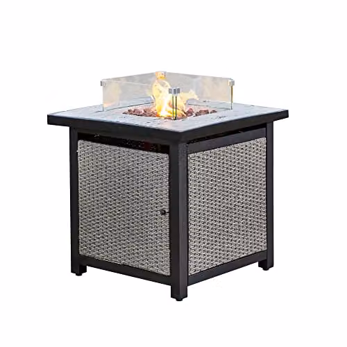 Teamson Home Outdoor Rattan Propane Gas Fire Pit Table with Glass Screen and Lava Rocks in Grey and Brown – 2