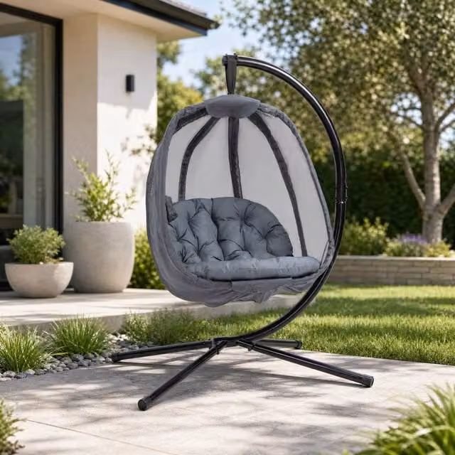 STILVORA Hanging Egg Chair with Stand and Cushion in Grey – 1