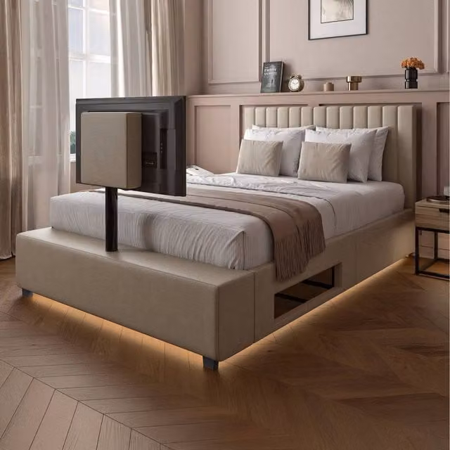 XR Living Maisie Upholstered TV Bed with LED Lighting in Beige, Double (140 x 200 cm)