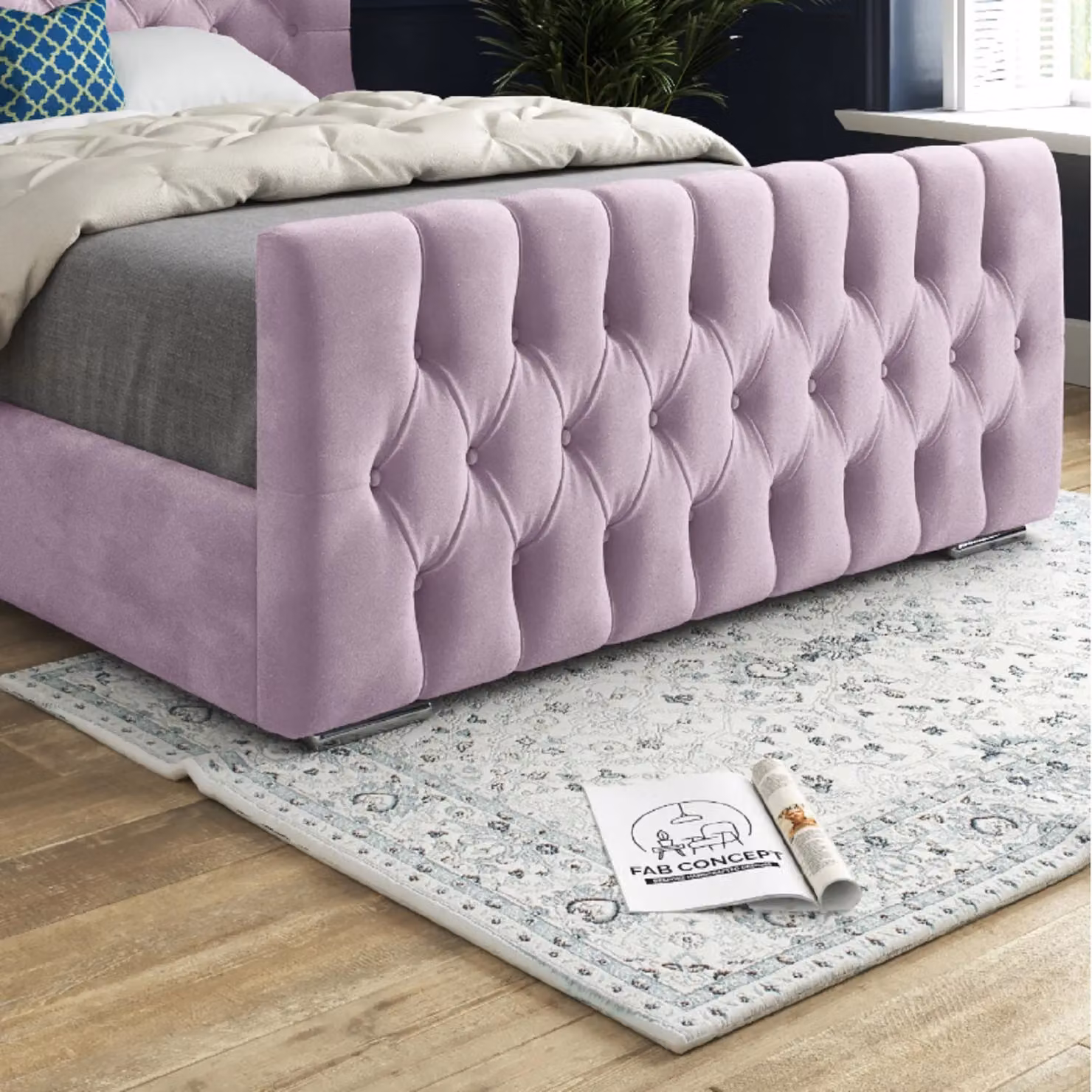 Casani Parma Wide Curved Winged Upholstered Soft Velvet Bed Frame in Pink, Size: Double (140 x 200 cm) – 3