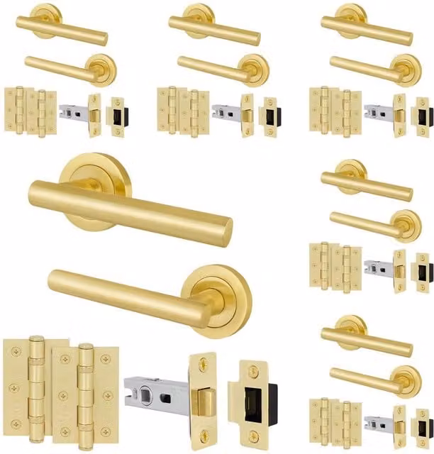AFIT Satin Brass T-Bar Handle, Latch and Rosette Set in Gold, 100mm