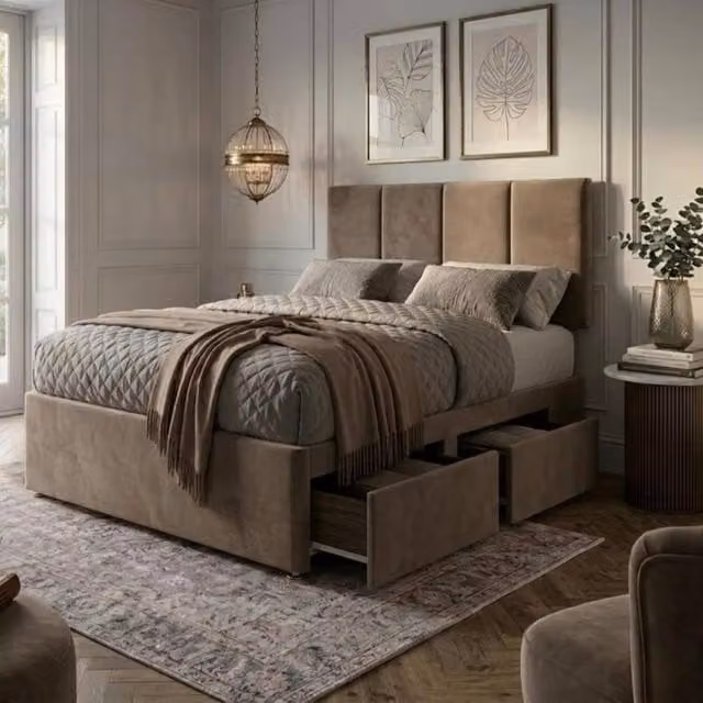 Bed Time UK Plush Velvet Divan Bed with Mattress, 20 inch Vertical Headboard and 2 Drawers, Khaki, W/D/H: 90 x 200 cm