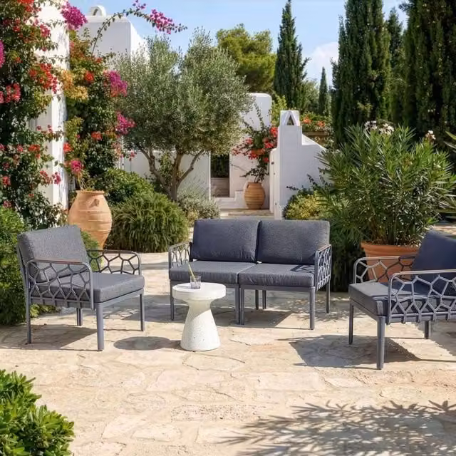 Wyld and Coco 4-Seater Modular Garden Sofa in Grey with Weatherproof Synthetic Frame and Upholstered Olefin Cushions