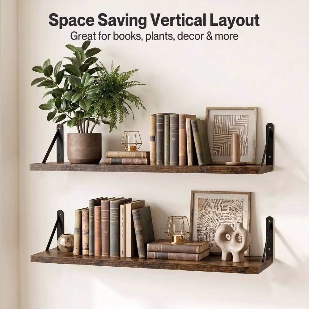 Kelvenix Set of 2 Rustic Brown Wall Mounted Floating Shelves – 4