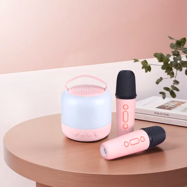 Livingandhome Wireless RGB Karaoke Speaker Set with 2 Microphones, Pink