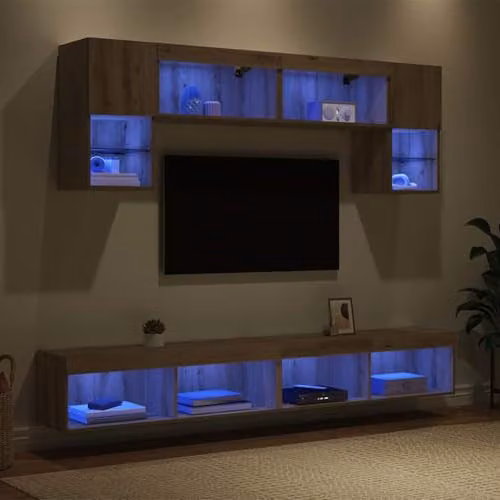 vidaXL 6-Piece Modern TV Wall Unit with Integrated LED Lighting in Artisan Oak Brown