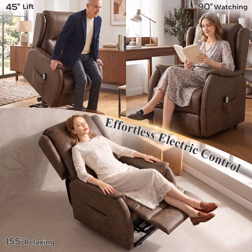 HOMCOM Dual Motor Power Lift Recliner Chair in Brown Synthetic Leather for Seniors – 3