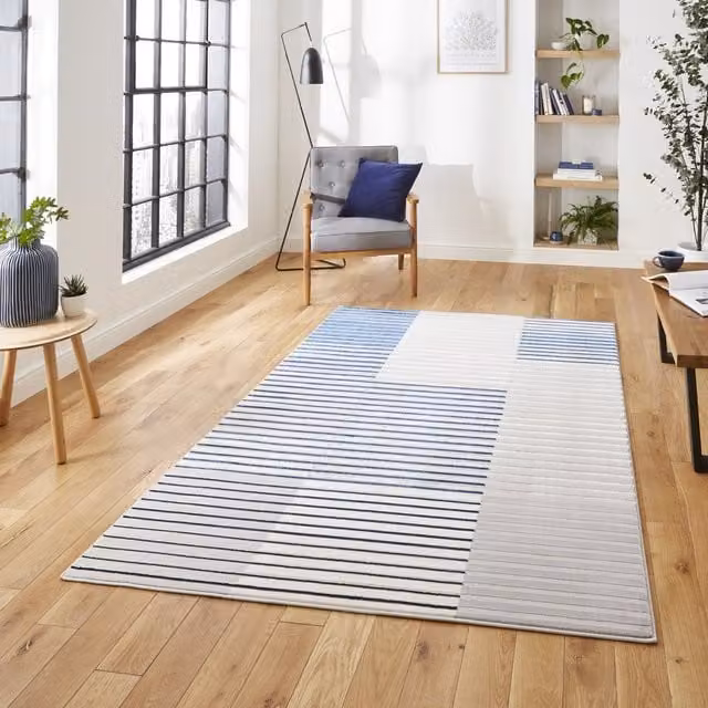 Terrys Modern Striped Rectangular Machine Woven Rug in Grey and Blue, W: 120 cm x L: 170 cm