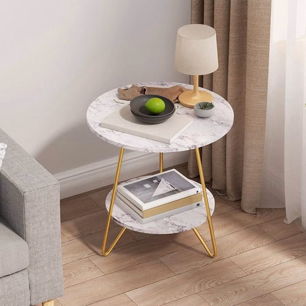 FORGEVIO Round 2-Tier Side Table and Nightstand with Storage Shelf in White and Gold – 2