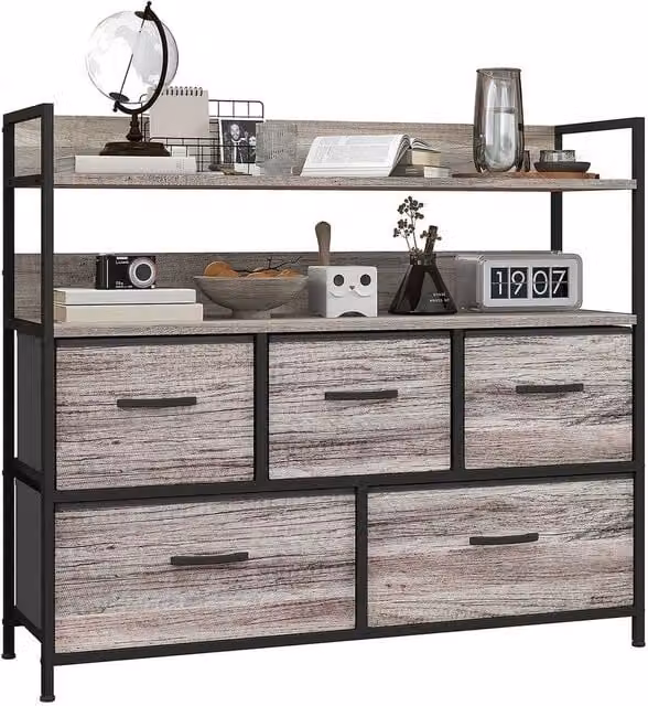 PAWNORA 5 Drawer Brown Wood Industrial Chest of Drawers – 1