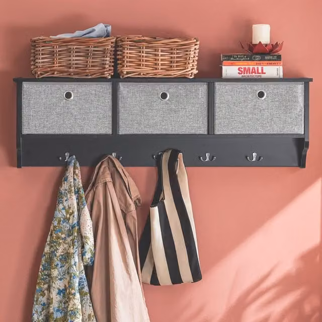 SoBuy Modern Matt Black Metal Wall Coat Rack with 3 Baskets and Distributed Point Hooks