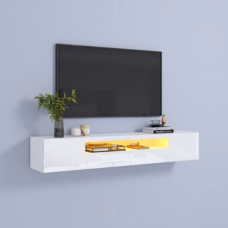 KEEPREAPER Sleek Floating TV Stand with LED Light and Storage Cabinet in White