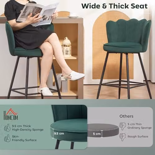 HOMCOM Set of 2 Velvet Bar Stools with Petal Backrest in Green – 4