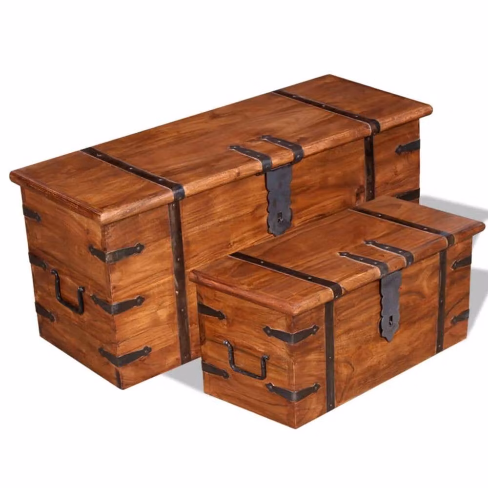 Berkfield Home Two Piece Solid Acacia Wood Storage Chest Set in Brown Lacquered Rustic Finish – 2