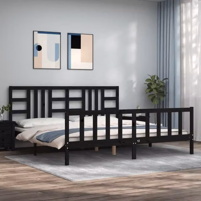 Berkfield Home Solid Wood Pine Bed Frame with Headboard in Black, 200 x 200 cm