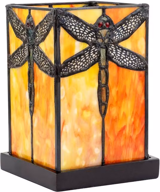 Happy Homewares Orange and Amber Tiffany Stained Glass Tabletop Lamp with Dragonfly Decor
