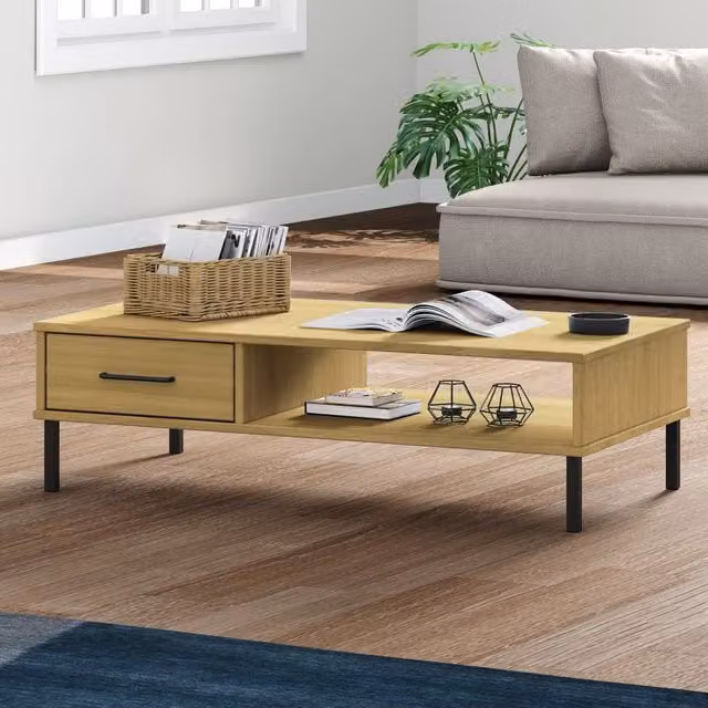 Berkfield Home Oslo Rectangular Coffee Table in Brown Solid Pine Wood with Metal Legs – 1